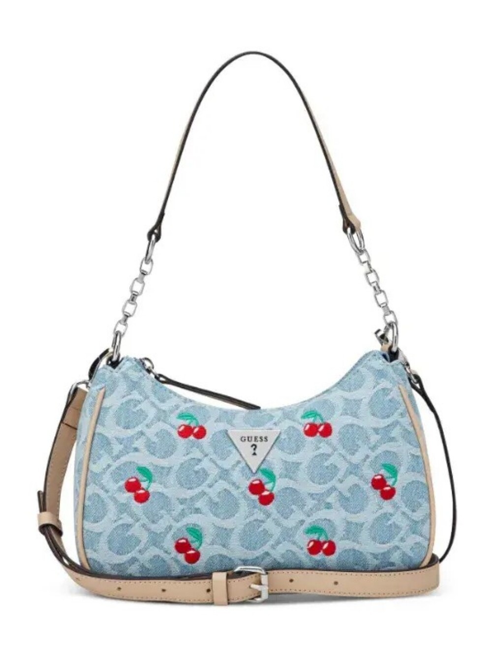 GUESS Light Blue Cherry Print Shoulder Bag with Tan Strap